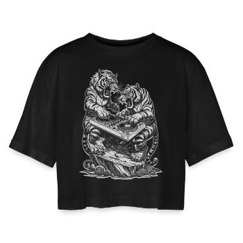 Streetwear Shirt: Tiger DJ Power for Music Fans - Women’s Oversized Cropped T-Shirt - black - Front - AI Model Female 172 light (172cm)