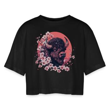 Bison en fleurs de cerisier - T-shirt court oversize Femme - noir - Devant - AI Model Female 172 light (172cm)
