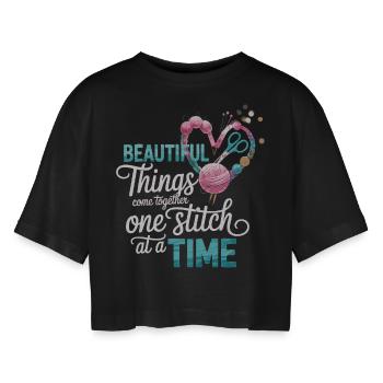 Sewing design – stitch by stitch to beauty - Women’s Oversized Cropped T-Shirt - black - Front - AI Model Female 172 light (172cm)