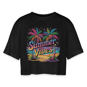 Summer Vibes Holiday Shirt - Women’s Oversized Cropped T-Shirt - black - Front - AI Model Female 172 light (172cm)