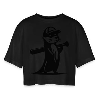 Otter Baseball Silhouette - Women’s Oversized Cropped T-Shirt - black - Front - AI Model Female 172 light (172cm)