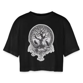 Detailreicher keltischer Lebensbaum mit Raben - Frauen Oversized Cropped T-Shirt - Schwarz - Vorne - AI Model Female 172 light (172cm)