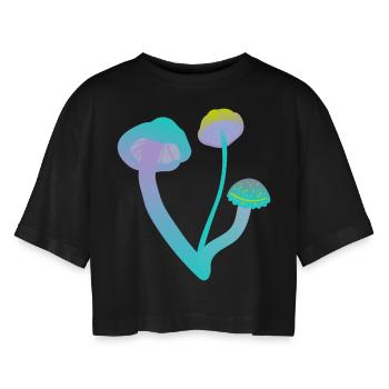 Three little mushrooms - Frauen Oversized Cropped T-Shirt - Schwarz - Vorne - AI Model Female 172 light (172cm)