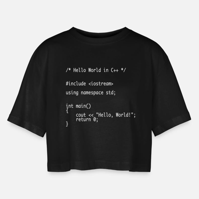 Hello World C ++ Programmer Nerd Shirt - Women’s Oversized Cropped T-Shirt - black