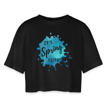 Farbklecks Blau "It's Spring Time" - Frauen Oversized Cropped T-Shirt - Schwarz - Vorne - AI Model Female 172 light (172cm)