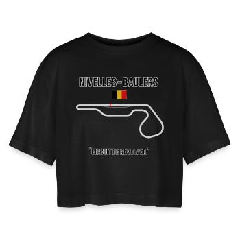 "Circuit de Revolver" - Women’s Oversized Cropped T-Shirt - black - Front - AI Model Female 172 light (172cm)