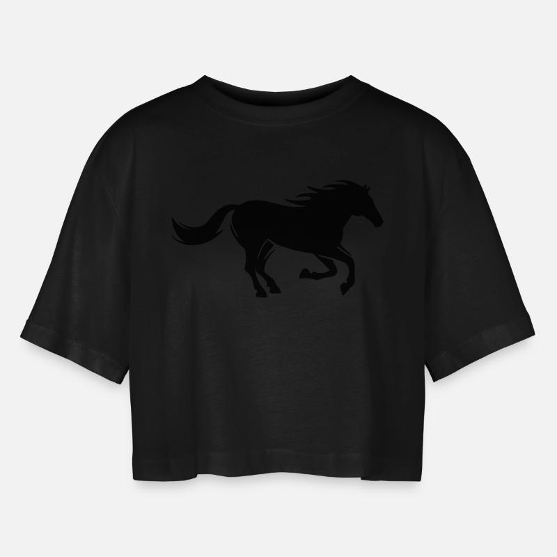 pferde - Frauen Oversized Cropped T-Shirt - Schwarz