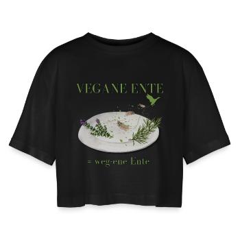 Vegane Ente - oder eher weg-ene Ente Satire - Frauen Oversized Cropped T-Shirt - Schwarz - Vorne - AI Model Female 172 light (172cm)