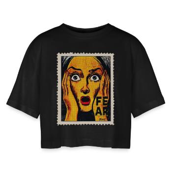 Popart Frau mit Schrei auf Briefmarke - Frauen Oversized Cropped T-Shirt - Schwarz - Vorne - AI Model Female 172 light (172cm)