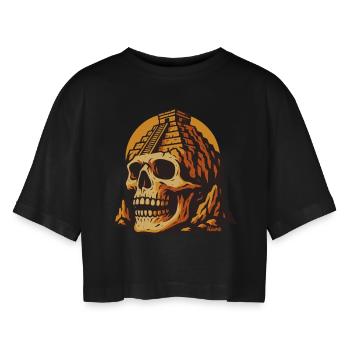 Skull with temple and sunset - Women’s Oversized Cropped T-Shirt - black - Front - AI Model Female 172 light (172cm)