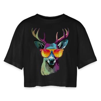 Jack le cerf à lunettes - T-shirt court oversize Femme - noir - Devant - AI Model Female 172 light (172cm)