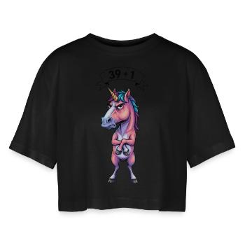 40. Geburtstag Geschenk – 39 + 1 Einhorn - Frauen Oversized Cropped T-Shirt - Schwarz - Vorne - AI Model Female 172 light (172cm)