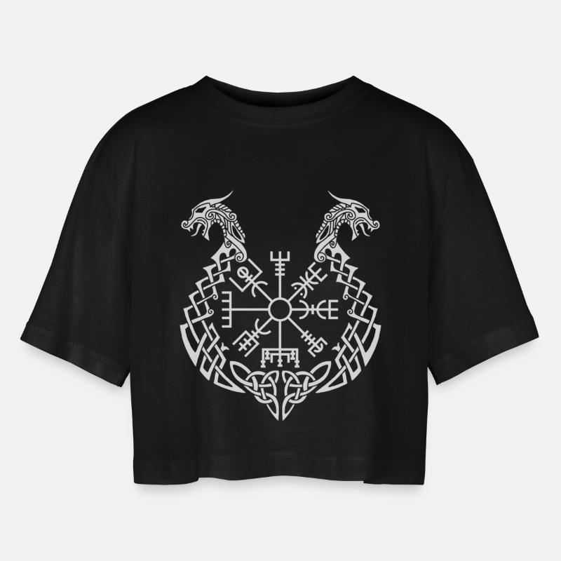 Weißer Drache und Wikingerkompass - Frauen Oversized Cropped T-Shirt - Schwarz