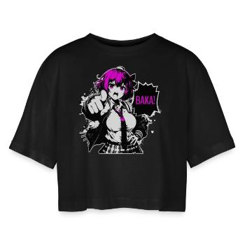 Anime Manga // Girl Calls BAKA! AS014 - Women’s Oversized Cropped T-Shirt - black - Front - AI Model Female 172 light (172cm)