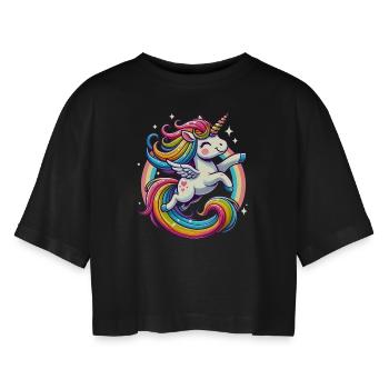 Joyful Rainbow Unicorn Design - Women’s Oversized Cropped T-Shirt - black - Front - AI Model Female 172 light (172cm)