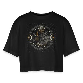 In Gaia We Trust Sacred Design - Women’s Oversized Cropped T-Shirt - black - Front - AI Model Female 172 light (172cm)