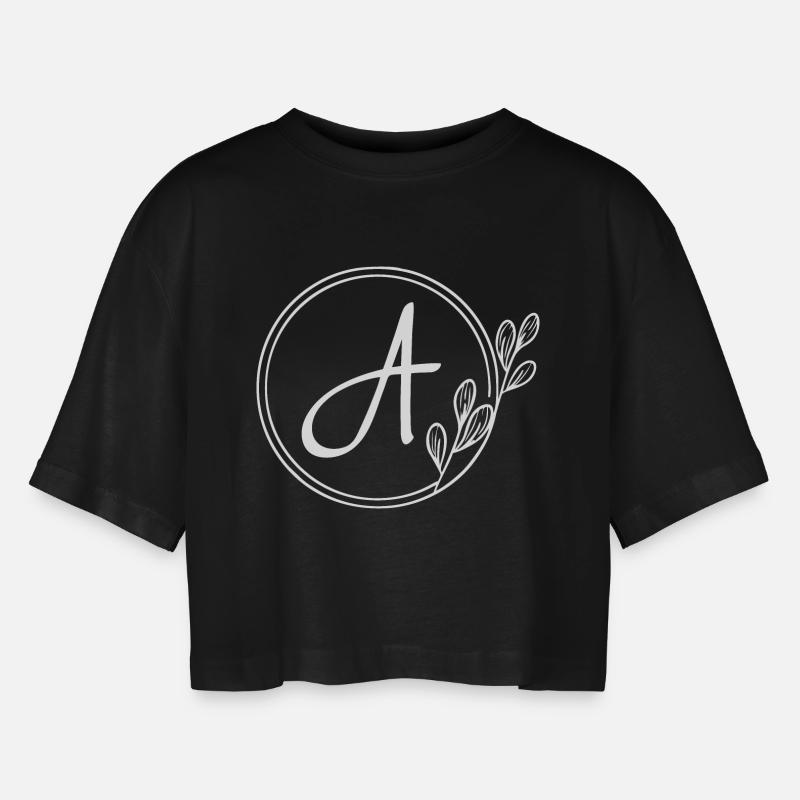 Handgezeichnetes Pflanzenmonogramm mit Stil A - Frauen Oversized Cropped T-Shirt - Schwarz