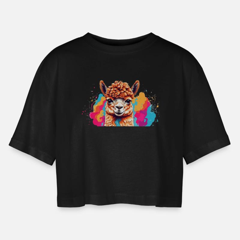 Llama Color Explosion - Women’s Oversized Cropped T-Shirt - black