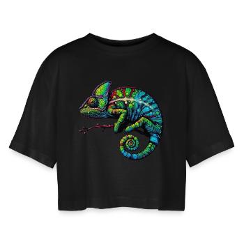 Chamäleon - Frauen Oversized Cropped T-Shirt - Schwarz - Vorne - AI Model Female 172 light (172cm)