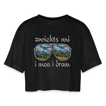 zwickts mi i moa i dram, dialect, hiking, mountains - Women’s Oversized Cropped T-Shirt - black - Front - AI Model Female 172 light (172cm)