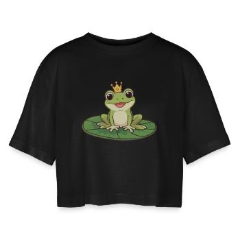 Froschkönig auf Seerose - Frauen Oversized Cropped T-Shirt - Schwarz - Vorne - AI Model Female 172 light (172cm)
