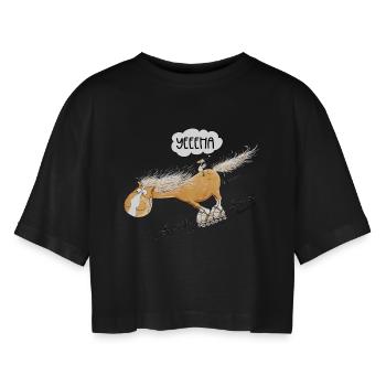 Pferd Mit Rollschuh Fährt Lustiger Pferde Spruch - Frauen Oversized Cropped T-Shirt - Schwarz - Vorne - AI Model Female 172 light (172cm)