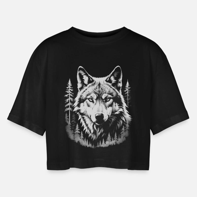 Wolf, Forest - Women’s Oversized Cropped T-Shirt - black