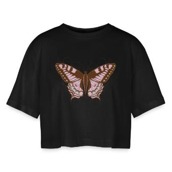 Eleganter Schmetterling in Rosa und Erdtönen - Frauen Oversized Cropped T-Shirt - Schwarz - Vorne - AI Model Female 172 light (172cm)