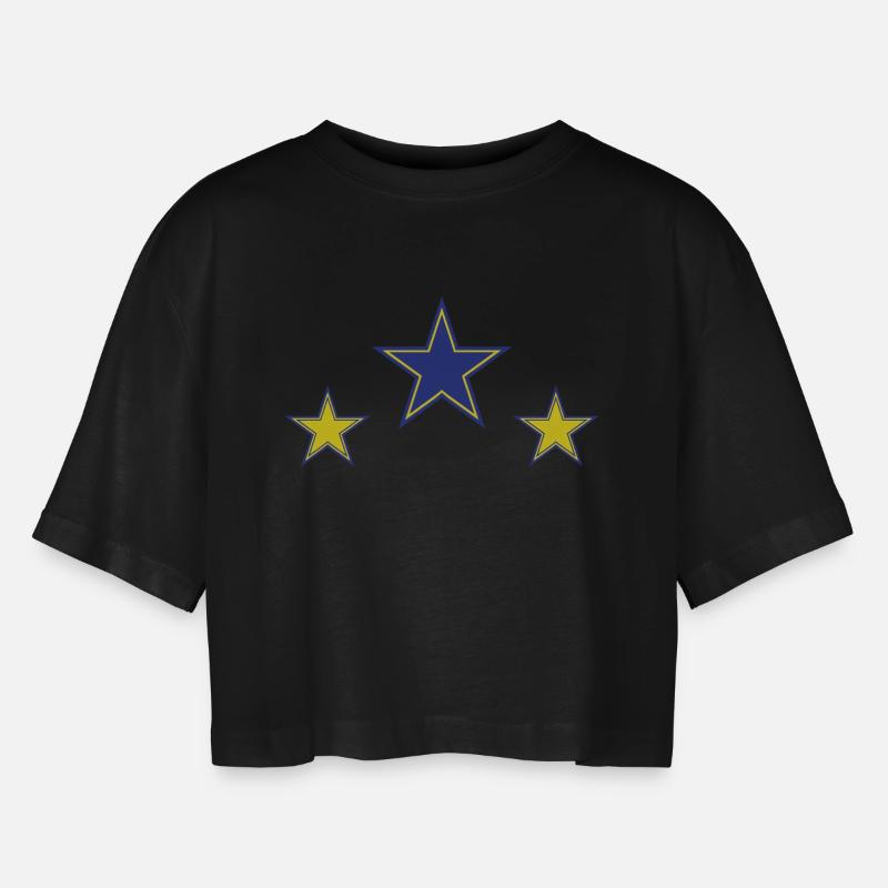 Abstract Star Patterns in Yellow and Blue - Women’s Oversized Cropped T-Shirt - black