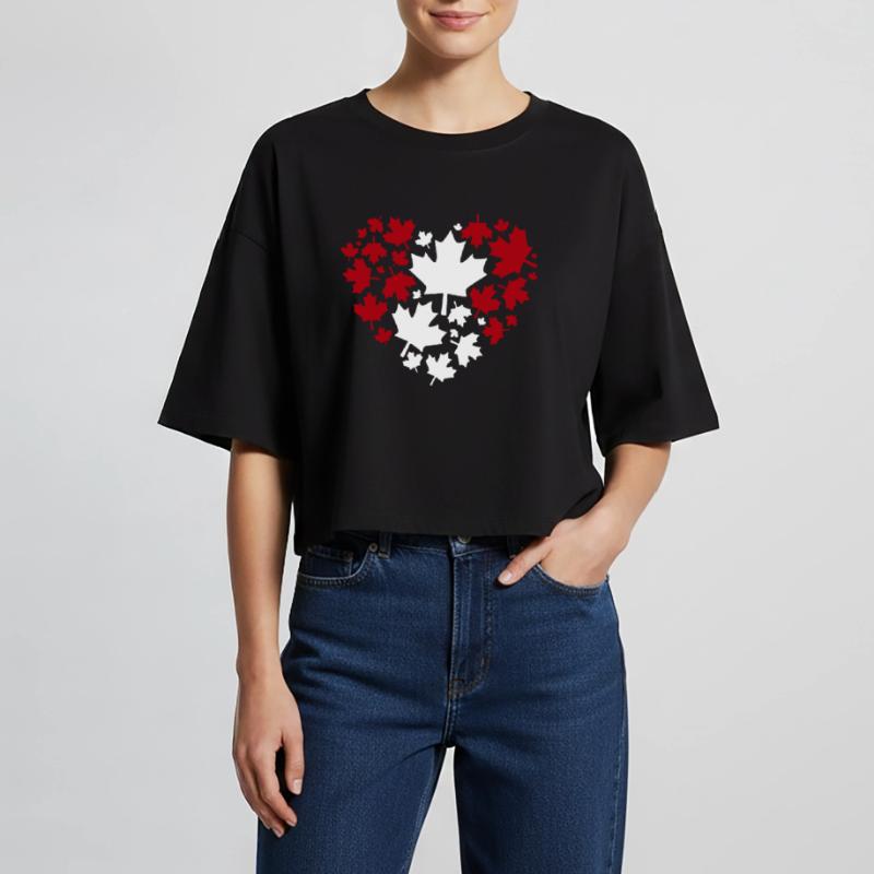 Maple Leaf Heart Pattern Women’s Oversized Cropped T-Shirt
