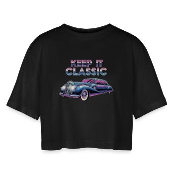 Vintage Limousine Neon Design - Frauen Oversized Cropped T-Shirt - Schwarz - Vorne - AI Model Female 172 light (172cm)