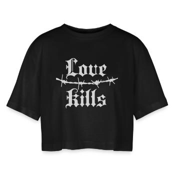 Gothic Barbed Wire Typography - Women’s Oversized Cropped T-Shirt - black - Front - AI Model Female 172 light (172cm)