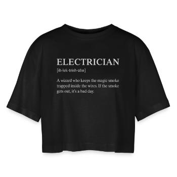 Description technique de l’électricien drôle - T-shirt court oversize Femme - noir - Devant - AI Model Female 172 light (172cm)