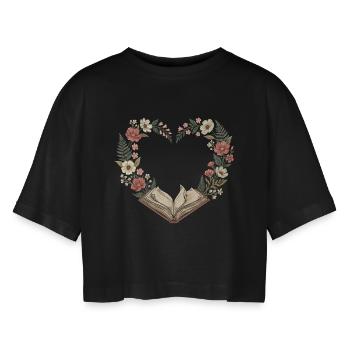 Vintage-Bücherliebhaber Valentine Floral Heart - Frauen Oversized Cropped T-Shirt - Schwarz - Vorne - AI Model Female 172 light (172cm)