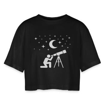 Nachtschicht Astronomie – Teleskop & Sterne Design - Frauen Oversized Cropped T-Shirt - Schwarz - Vorne - AI Model Female 172 light (172cm)