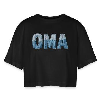 Oma Denim Schriftzug Patchwork Trend - Frauen Oversized Cropped T-Shirt - Schwarz - Vorne - AI Model Female 172 light (172cm)