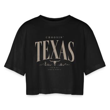 Texas Heritage Emblem Tee - Frauen Oversized Cropped T-Shirt - Schwarz - Vorne - AI Model Female 172 light (172cm)