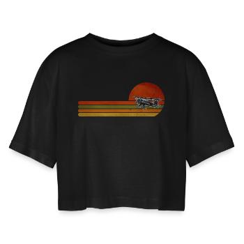 Retro Flugzeug Sunset Stripes - Frauen Oversized Cropped T-Shirt - Schwarz - Vorne - AI Model Female 172 light (172cm)