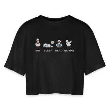 Eat Sleep Read Repeat – Lustiges Bücherwurm Gänse  - Frauen Oversized Cropped T-Shirt - Schwarz - Vorne - AI Model Female 172 light (172cm)