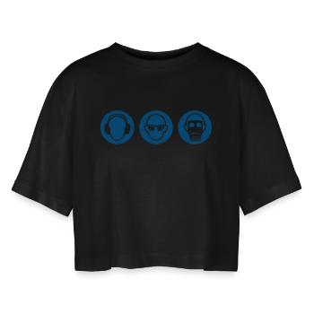 Three monkeys - hear, see, say nothing - Women’s Oversized Cropped T-Shirt - black - Front - AI Model Female 172 light (172cm)