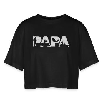 Papa Fischer Angelnde Vater Fischerboot-Silhouette - Frauen Oversized Cropped T-Shirt - Schwarz - Vorne - AI Model Female 172 light (172cm)