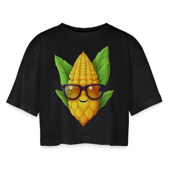 Maïs kawaii avec lunettes nerd: Cobsmart - T-shirt court oversize Femme - noir - Devant - AI Model Female 172 light (172cm)