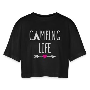 Campingleben - Frauen Oversized Cropped T-Shirt - Schwarz - Vorne - AI Model Female 172 light (172cm)