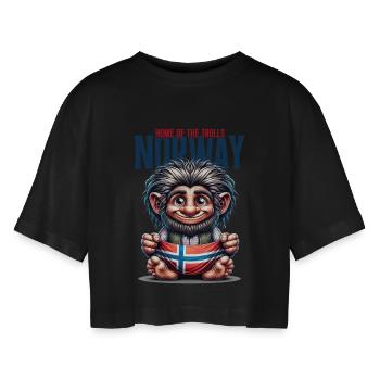 Norwegischer Troll mit Flagge - Frauen Oversized Cropped T-Shirt - Schwarz - Vorne - AI Model Female 172 light (172cm)