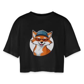 witziger Fuchs mit Brille und Cap - Frauen Oversized Cropped T-Shirt - Schwarz - Vorne - AI Model Female 172 light (172cm)