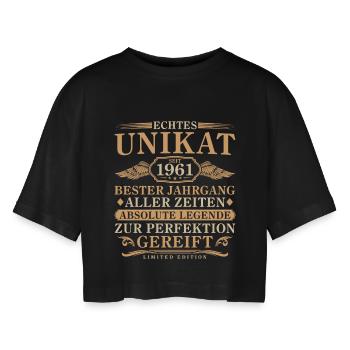 1961 Vintage Born Vintage 65 Years - Women’s Oversized Cropped T-Shirt - black - Front - AI Model Female 172 light (172cm)