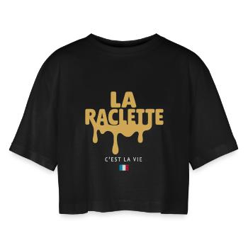 Raclette is life | Cheese & Winter Humor - Women’s Oversized Cropped T-Shirt - black - Front - AI Model Female 172 light (172cm)