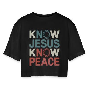 Know Jesus Know Peace - Frauen Oversized Cropped T-Shirt - Schwarz - Vorne - AI Model Female 172 light (172cm)