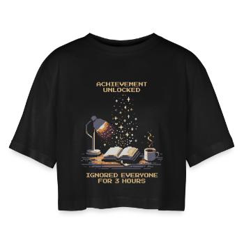 Erfolg freigeschaltet | Lesen Bücher Nerd - Frauen Oversized Cropped T-Shirt - Schwarz - Vorne - AI Model Female 172 light (172cm)