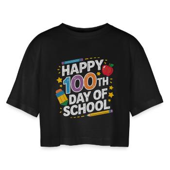 100. Schultag Neon Design - Frauen Oversized Cropped T-Shirt - Schwarz - Vorne - AI Model Female 172 light (172cm)